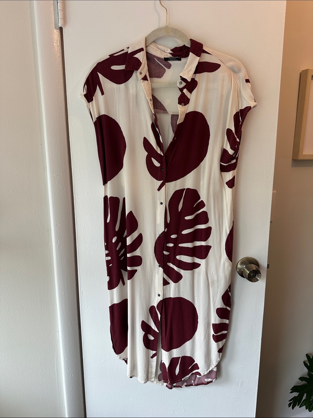 Midi Button-Front Shirt Dress in Ivory with Burgundy Leaf Print